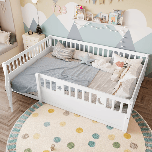 Cama infantil 140x190 cm - Com grades, decoração de estrelas e lua, sem estrado - Branco
