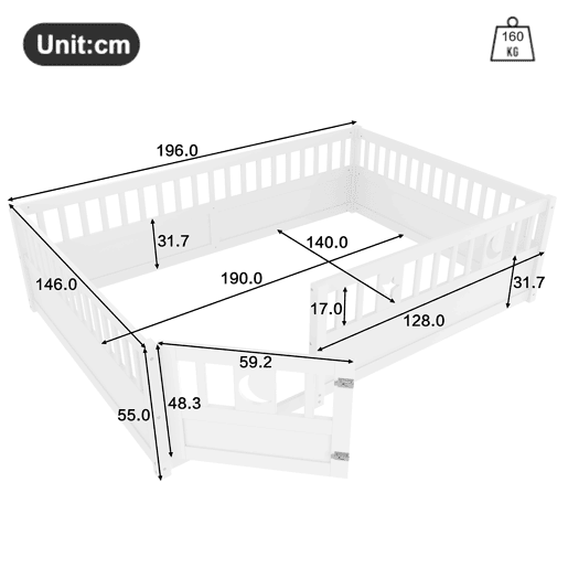 Cama infantil 140x190 cm - Com grades, decoração de estrelas e lua, sem estrado - Branco