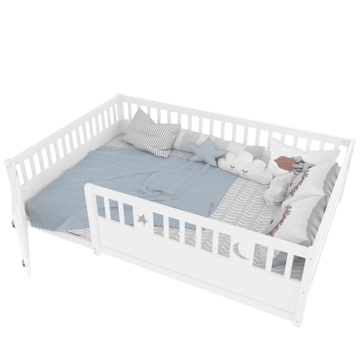 Cama infantil 140x190 cm - Com grades, decoração de estrelas e lua, sem estrado - Branco