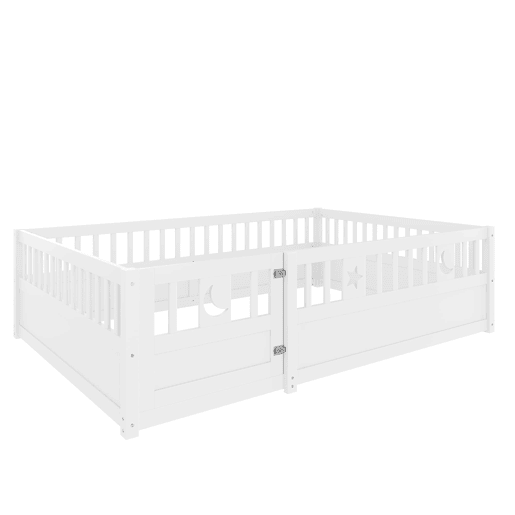 Cama infantil 140x190 cm - Com grades, decoração de estrelas e lua, sem estrado - Branco