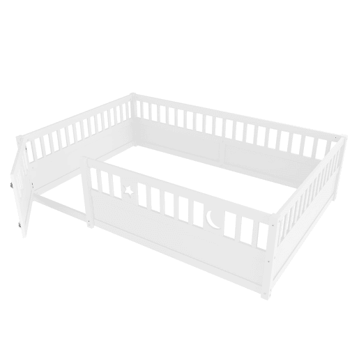 Cama infantil 140x190 cm - Com grades, decoração de estrelas e lua, sem estrado - Branco