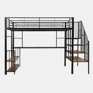 Cama alta de metal 120x200 cm - escada lateral com corrimão, porta de carga, cabide, prateleira e sistema anti-capotamento - preto escuro