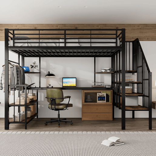 Cama alta de metal 120x200 cm - escada lateral com corrimão, porta de carga, cabide, prateleira e sistema anti-capotamento - preto escuro Cama alta de metal 120x200 cm - escada lateral com corrimão, porta de carga, cabide, prateleira e sistema anti-capotamento - preto escuro