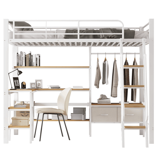 Cama alta de ferro 90x200 cm - com secretária, estante, escada inclinada de quatro degraus e 2 caixas de tecido - branconatural