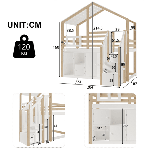 Cama alta infantil 90x200 cm - design em forma de casa, grade, compartimentos de arrumação, escada com gavetas e janela - branco e natural