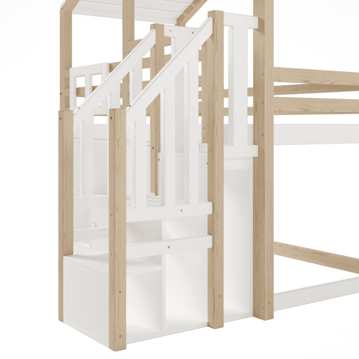 Cama alta infantil 90x200 cm - design em forma de casa, grade, compartimentos de arrumação, escada com gavetas e janela - branco e natural