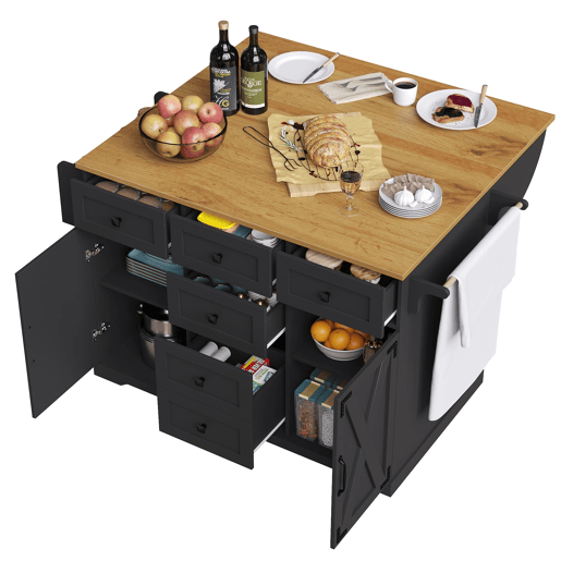 Ilha de cozinha móvel - carrinho de serviço multifuncional com acabamento em madeira e grande capacidade de armazenamento, móvel buffet para casa - preto