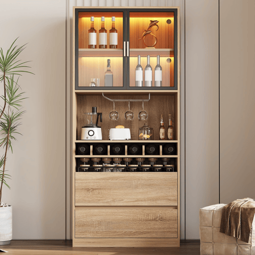 Armário de casa de banho 180 cm - Vitrine com portas de vidro e iluminação - Natural Armário de casa de banho 180 cm - Vitrine com portas de vidro e iluminação - Natural