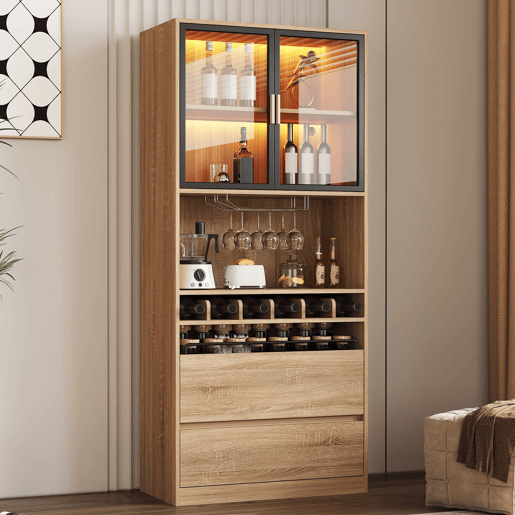 Armário de casa de banho 180 cm - Vitrine com portas de vidro e iluminação - Natural Armário de casa de banho 180 cm - Vitrine com portas de vidro e iluminação - Natural