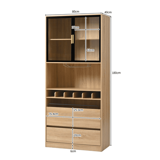 Armário de casa de banho 180 cm - Vitrine com portas de vidro e iluminação - Natural Armário de casa de banho 180 cm - Vitrine com portas de vidro e iluminação - Natural
