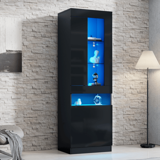 Vitrine LED para sala - móvel expositor com iluminação LED e amplo espaço de armazenamento - preto