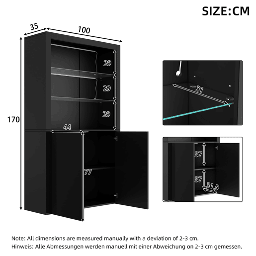 Vitrine alta 100x35x170 cm - alto brilho com LED, 2 prateleiras de vidro e 2 armários, móvel de arrumação para sala - preto
