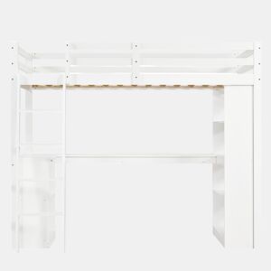 Cama alta infantil 90x200 cm - prateleira prática, grade de segurança, organizador de feltro, escada estável - branco