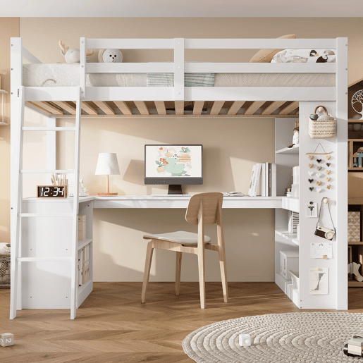 Cama alta infantil 90x200 cm - prateleira prática, grade de segurança, organizador de feltro, escada estável - branco