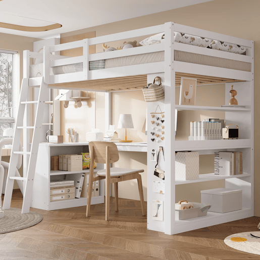 Cama alta infantil 90x200 cm - prateleira prática, grade de segurança, organizador de feltro, escada estável - branco