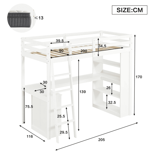 Cama alta infantil 90x200 cm - prateleira prática, grade de segurança, organizador de feltro, escada estável - branco