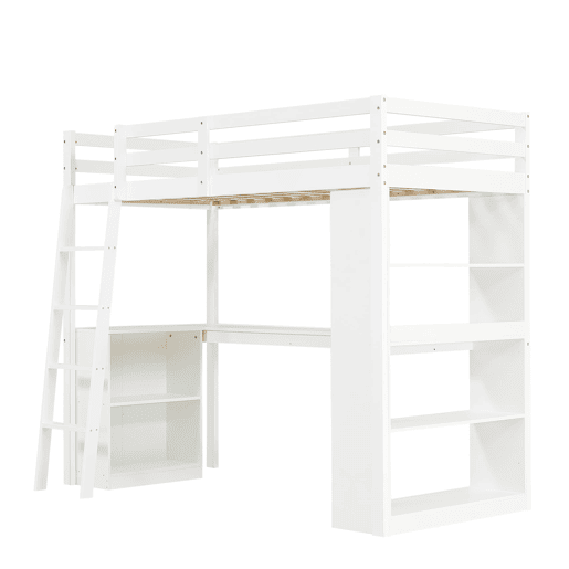 Cama alta infantil 90x200 cm - prateleira prática, grade de segurança, organizador de feltro, escada estável - branco