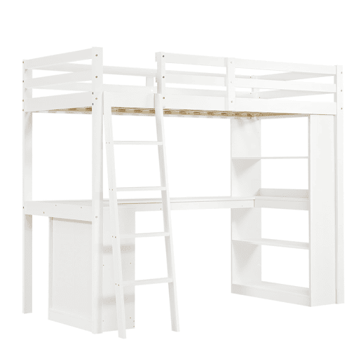 Cama alta infantil 90x200 cm - prateleira prática, grade de segurança, organizador de feltro, escada estável - branco