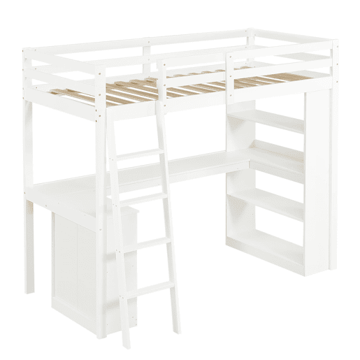 Cama alta infantil 90x200 cm - prateleira prática, grade de segurança, organizador de feltro, escada estável - branco