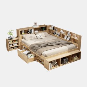 Cama infantil 140x200 cm - multifuncional com mesinha, gavetas, prateleiras e arrumação - Natural