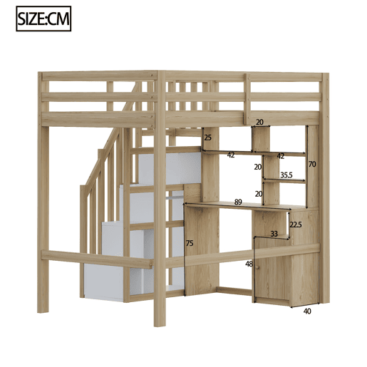 Cama alta juvenil 90x200 cm - secretária com prateleiras e armários, escada segura com arrumação, estrutura em madeira maciça - cor madeira