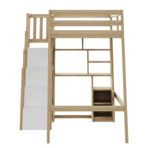 Cama alta juvenil 90x200 cm - secretária com prateleiras e armários, escada segura com arrumação, estrutura em madeira maciça - cor madeira