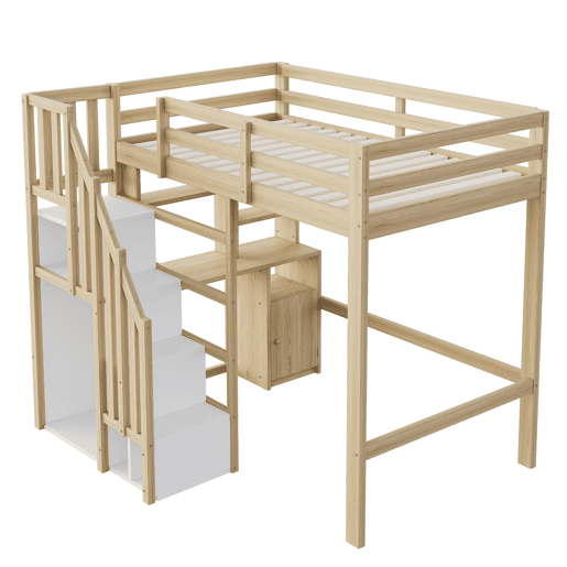 Cama alta juvenil 90x200 cm - secretária com prateleiras e armários, escada segura com arrumação, estrutura em madeira maciça - cor madeira