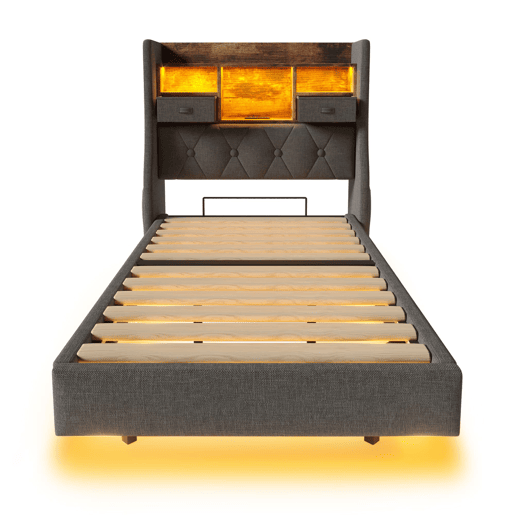 Cama estofada 90x200 cm - cama suspensa com LED, cabeceira com arrumação e estação de carregamento, base incluída, sem colchão - linho cinzento