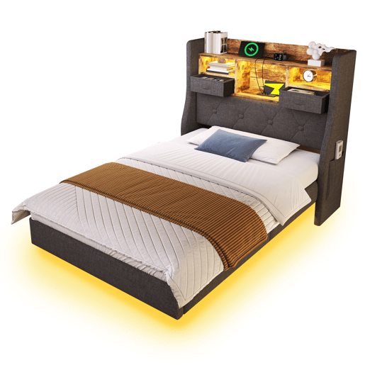 Cama estofada 90x200 cm - cama suspensa com LED, cabeceira com arrumação e estação de carregamento, base incluída, sem colchão - linho cinzento