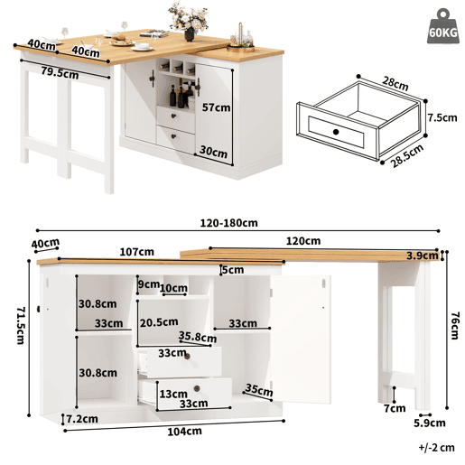 Mesa de bar extensível 120-180 cm - Com função de rotação de 360° e arrumação - Branca