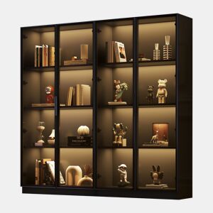 Vitrine de vidro com iluminação LED controlada por APP - 4 portas, prateleiras móveis, armário para sala, armário independente, armário de casa de banho - Cor preta