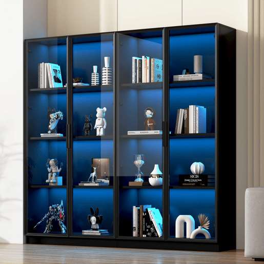 Vitrine de vidro com iluminação LED controlada por APP - 4 portas, prateleiras móveis, armário para sala, armário independente, armário de casa de banho - Cor preta
