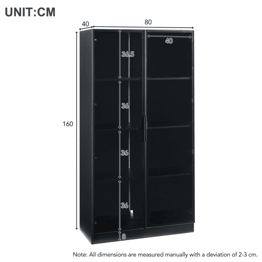 Vitrine de vidro com iluminação LED controlada por APP - 4 portas, prateleiras móveis, armário para sala, armário independente, armário de casa de banho - Cor preta