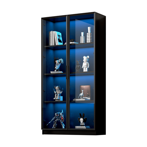 Vitrine de vidro com iluminação LED controlada por APP - 4 portas, prateleiras móveis, armário para sala, armário independente, armário de casa de banho - Cor preta