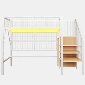 Cama alta infantil 90x200 cm - beliche metálico com LED controlado por app, escada com arrumação e armário aberto - branco
