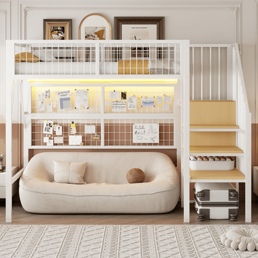 Cama alta infantil 90x200 cm - beliche metálico com LED controlado por app, escada com arrumação e armário aberto - branco