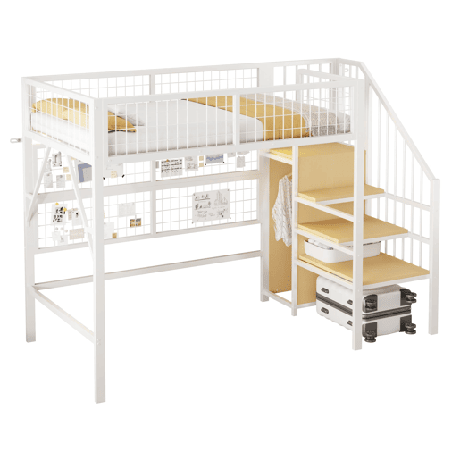 Cama alta infantil 90x200 cm - beliche metálico com LED controlado por app, escada com arrumação e armário aberto - branco