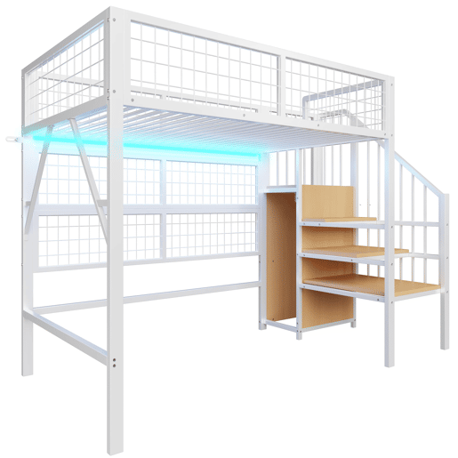 Cama alta infantil 90x200 cm - beliche metálico com LED controlado por app, escada com arrumação e armário aberto - branco