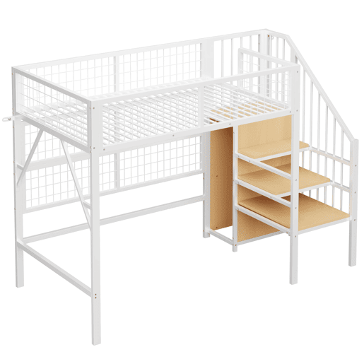 Cama alta infantil 90x200 cm - beliche metálico com LED controlado por app, escada com arrumação e armário aberto - branco