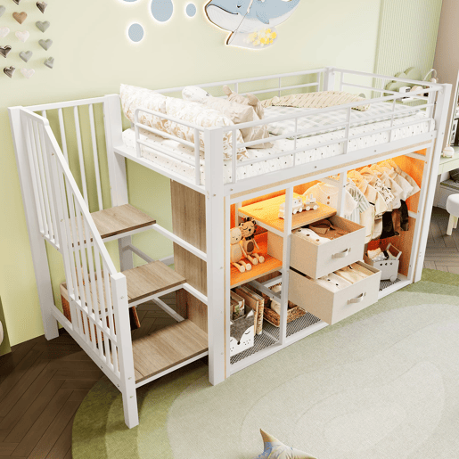Cama infantil semi alta 90x200 cm - 2 gavetas, armário aberto, iluminação LED multicolorida e vários compartimentos - branco