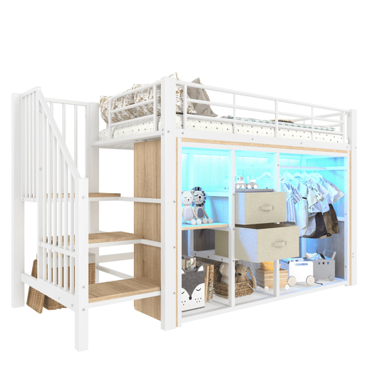 Cama infantil semi alta 90x200 cm - 2 gavetas, armário aberto, iluminação LED multicolorida e vários compartimentos - branco