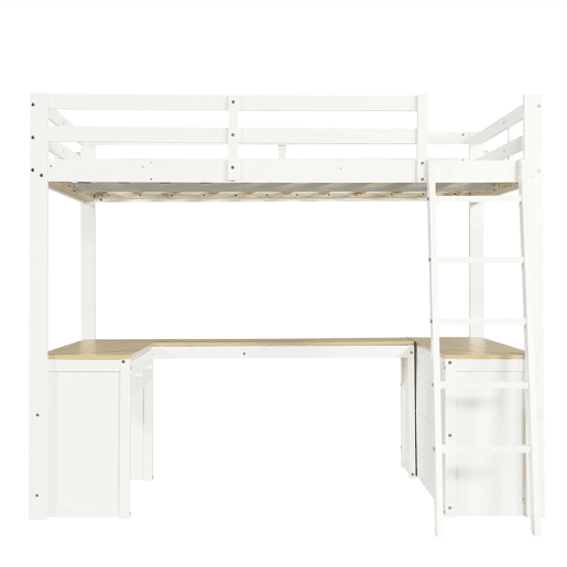 Cama alta infantil 140x200 cm - secretária comprida em U, 2 gavetas, estante de arrumação e base resistente - branco e natural Cama alta infantil 140x200 cm - secretária comprida em U, 2 gavetas, estante de arrumação e base resistente - branco e natural