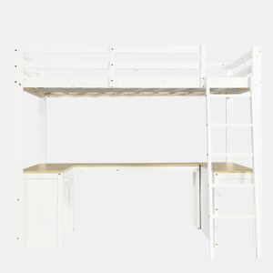 Cama alta infantil 140x200 cm - secretária comprida em U, 2 gavetas, estante de arrumação e base resistente - branco e natural