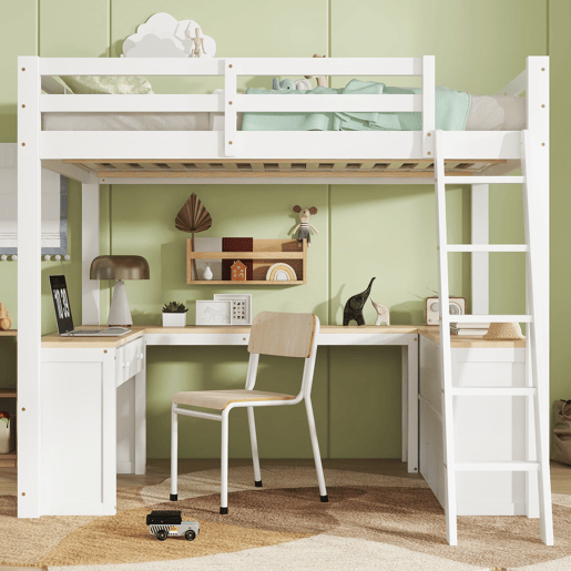 Cama alta infantil 140x200 cm - secretária comprida em U, 2 gavetas, estante de arrumação e base resistente - branco e natural Cama alta infantil 140x200 cm - secretária comprida em U, 2 gavetas, estante de arrumação e base resistente - branco e natural