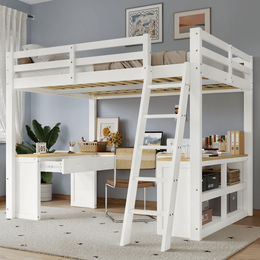 Cama alta infantil 140x200 cm - secretária comprida em U, 2 gavetas, estante de arrumação e base resistente - branco e natural Cama alta infantil 140x200 cm - secretária comprida em U, 2 gavetas, estante de arrumação e base resistente - branco e natural