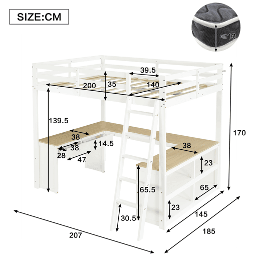 Cama alta infantil 140x200 cm - secretária comprida em U, 2 gavetas, estante de arrumação e base resistente - branco e natural Cama alta infantil 140x200 cm - secretária comprida em U, 2 gavetas, estante de arrumação e base resistente - branco e natural