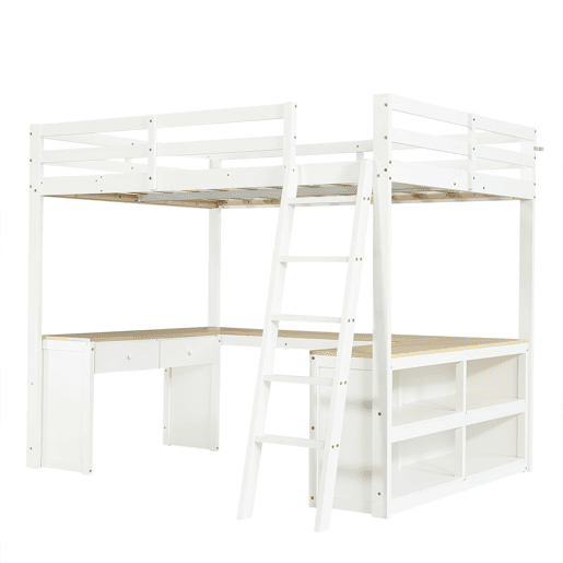 Cama alta infantil 140x200 cm - secretária comprida em U, 2 gavetas, estante de arrumação e base resistente - branco e natural Cama alta infantil 140x200 cm - secretária comprida em U, 2 gavetas, estante de arrumação e base resistente - branco e natural