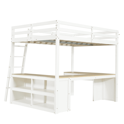 Cama alta infantil 140x200 cm - secretária comprida em U, 2 gavetas, estante de arrumação e base resistente - branco e natural Cama alta infantil 140x200 cm - secretária comprida em U, 2 gavetas, estante de arrumação e base resistente - branco e natural