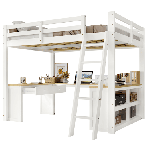 Cama alta infantil 140x200 cm - secretária comprida em U, 2 gavetas, estante de arrumação e base resistente - branco e natural Cama alta infantil 140x200 cm - secretária comprida em U, 2 gavetas, estante de arrumação e base resistente - branco e natural