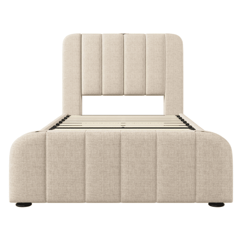 Cama individual estofada 90x200 cm - cabeceira acolchoada com franjas douradas, 4 gavetas e carregador USB tipo C, estrado e colchão incluídos - linho bege